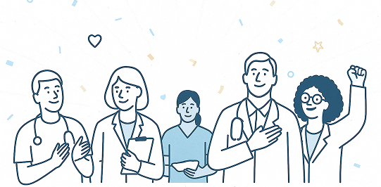 Illustration of hospital staff, happy and cheering.